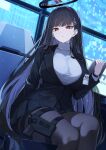  1girl black_hair black_jacket black_skirt black_suit blue_archive breasts brown_pantyhose commentary_request gun hair_ornament hairclip halo handgun highres holster jacket large_breasts long_hair long_sleeves looking_at_viewer m1911 miniskirt neko_daruma pantyhose pleated_skirt red_eyes rio_(blue_archive) sitting skirt solo suit sweater tablet_pc thighs turtleneck turtleneck_sweater weapon white_sweater 