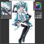  1girl ahoge aqua_hair aqua_necktie arm_up art_program_in_frame bare_shoulders black_boots boots color_wheel detached_sleeves hand_on_own_hip hatsune_miku headset highres invisible_chair long_hair looking_at_viewer necktie open_mouth samsap shirt simple_background sitting sleeveless sleeveless_shirt thigh_boots twintails unfinished vocaloid white_background white_shirt 