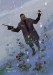  1boy artist_name black_boots black_gloves black_hair boots borchardt_c-93 brown_coat coat commentary english_commentary facial_hair flower forehead_protector fur-trimmed_collar fur_trim gloves golden_kamuy gun hair_slicked_back handgun highres holding holding_gun holding_weapon instagram_username male_focus mustache naruysae outdoors outstretched_arms red_flower scar scar_on_face short_hair skull snow snowing solo standing stubble tsurumi_tokushirou tumblr_username twitter_username weapon 
