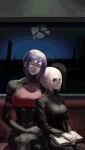  2girls android ariane_yeong black_jacket blue_hair book book_on_lap chinese_commentary closed_eyes commentary_request crossed_legs elster_(signalis) highres jacket jpeg_artifacts juuugooo multiple_girls open_book red_eyes reflection shards short_hair signalis sitting skin_seams train_interior white_hair window 