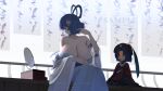  2girls absurdres alternate_breast_size_(larger) alternate_costume bare_shoulders bead_necklace beads blue_dress blue_eyes blue_hair breasts cleavage clothing_request commentary detached_sleeves dress english_commentary hair_ornament hair_rings hair_stick hat_ornament highres holding huge_breasts jewelry jiangshi kaku_seiga miyako_yoshika multiple_girls necklace no_noru ofuda purple_hair sample_watermark sitting star_(symbol) star_hat_ornament strapless strapless_dress touhou watermark 
