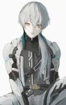  1boy absurdres artist_name commentary_request gi_ra1 grey_hair hair_between_eyes highres knee_up legs_apart long_hair looking_at_viewer male_focus mechanical_arms mole mole_under_mouth parted_lips punishing:_gray_raven simple_background sitting solo wanshi:_lucid_dreamer_(pgr) wanshi_(pgr) white_background yellow_eyes 