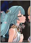  2girls after_kiss aqua_hair artist_name bare_shoulders blonde_hair blurry blurry_background blush border breath colored_speech_bubble commentary_request dress faruzan_(genshin_impact) from_side fuyudori_yukino genshin_impact green_eyes half-closed_eyes hand_on_own_chest heart highres jewelry looking_at_another lumine_(genshin_impact) multiple_girls open_mouth saliva saliva_trail solo_focus sound_effects speech_bubble sweat tongue tongue_out twintails twitter_username upper_body white_dress yuri 