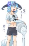  1girl =_= absurdres black_shorts blue_hair blue_outline clothes_lift commentary_request datemegane drooling electric_fan fanning_self feet_out_of_frame filene_(shadowverse) flower hair_flower hair_ornament highres horns hot mouth_drool navel open_mouth outline pointy_ears raised_eyebrows shadowverse shirt_lift short_hair short_sleeves shorts sidelocks simple_background solo standing sweat tail tearing_up translation_request white_background 