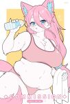  1girl animal_ear_fluff animal_ears blue_nails blush bottle breasts commentary commission english_commentary furry furry_female hair_between_eyes highres holding holding_bottle large_breasts long_hair looking_at_viewer mo_(k40633) navel original panties parted_lips pink_hair pink_panties pink_sports_bra plump simple_background snout solo sports_bra stomach tail towel twitter_username underwear water_bottle yellow_background 