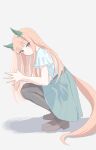  1girl animal_ears aqua_skirt black_pantyhose blunt_bangs blush brown_shoes casual closed_mouth commentary ear_covers green_skirt hairband highres hime_cut horse_ears horse_girl horse_tail long_hair orange_hair orange_tail own_hands_together pantyhose pleated_skirt shirt shoes short_sleeves silence_suzuka_(casual)_(umamusume) silence_suzuka_(umamusume) skirt solo squatting tail tofu_thunder umamusume white_hairband white_shirt 