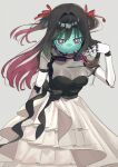  1girl absurdres black_hair breasts commentary_request display dress gradient_hair grey_background highres kameoka908 kurusu_makina_(milky_galactic_universe) long_hair looking_at_viewer mechanical_arms milky_galactic_universe milky_subway multicolored_hair robot_girl see-through_clothes see-through_dress simple_background solo two-tone_hair 