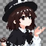  1girl asymmetrical_sidelocks black_hat bow brown_eyes brown_hair capelet collared_shirt commentary fake_transparency hair_bow hat hat_bow highres long_sleeves medium_hair mushroom pixel_art ribbon-trimmed_capelet ribbon_trim shirt sidelocks solo takeez3 touhou upper_body usami_renko white_bow white_shirt 