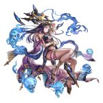  1girl another_eden another_eden_art_team arm_up armlet bangle bent_over bikini bikini_top_only blue_hair bracelet breasts circlet cleavage full_body high_heels highres holding holding_staff jewelry large_breasts long_hair looking_at_viewer navel official_art parted_lips purple_eyes purple_ribbon ribbon short_shorts shorts sidelocks simple_background skull solo staff swimsuit tachi-e thighs third-party_source toova_(another_eden) transparent_background variant_set 