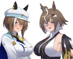  2girls absurdres animal_ears aqua_eyes bakkasu150 blush breasts cape cheval_grand_(grand_itineraire)_(umamusume) cheval_grand_(umamusume) commentary_request embarrassed hair_over_one_eye highres horse_ears jacket large_breasts multiple_girls neckerchief open_mouth rulership_(racing)_(umamusume) rulership_(umamusume) simple_background umamusume upper_body white_background white_jacket yellow_neckerchief 