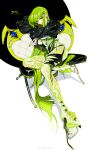  1girl absurdres alternate_costume arm_pillow bead_necklace beads black_shirt blue_nails bodystocking bodysuit breasts c.c. chair chinese_commentary code_geass commentary_request cropped_shirt foreshortening from_side full_body green_bodysuit green_hair green_nails hair_ornament hairclip head_on_arm high_heels highres jewelry long_hair looking_at_viewer medium_breasts necklace on_chair shirt sidelocks simple_background sitting solo tizibade watermark weibo_username weibo_watermark white_background yellow_eyes 