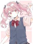  1girl :o arm_up blue_vest blush bow bowtie buttons cardigan_vest commentary_request hair_bow highres original pink_hair pink_nails pink_shirt plaid_clothes plaid_skirt red_bow red_bowtie red_eyes shirt short_sleeves skirt solo twintails upper_body vest yasushi_(yssm8) 
