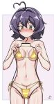  1girl ahoge bikini blush breasts closed_mouth clothes_hanger embarrassed gold_bikini golden_week groin heart heart_ahoge highres hiiragi_utena holding holding_clothes_hanger looking_at_object looking_down mahou_shoujo_ni_akogarete medium_breasts medium_hair nude purple_hair redaxiscyber signature solo swimsuit unworn_bikini yellow_eyes 