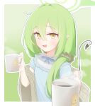  1girl absurdres blue_archive blue_dress coffee_mug commentary_request cup demon_tail dress green_hair green_halo hair_between_eyes hair_ornament hair_scrunchie halo highlander_railway_academy_logo highres holding holding_cup incoming_drink long_hair looking_at_viewer minaduke mug nozomi_(blue_archive) nozomi_(kujibikido)_(blue_archive) official_alternate_costume official_alternate_hairstyle open_mouth pajamas pointy_ears pov ribbon scrunchie short_sleeves simple_background smile solo steam steaming_cup tail yellow_eyes 
