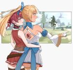  2girls anchor_symbol anchor_tattoo arm_around_another's_waist arrow_through_heart ascot back back_bow back_tattoo bare_shoulders black_choker blonde_hair blue_bow blue_collar blue_sky blush border bow breasts brown_leotard brown_thighhighs brown_trim choker cloud collar commentary_request cowboy_shot criss-cross_back-straps criss-cross_halter criss-cross_straps cropped_jacket dark-skinned_female dark_elf dark_skin detached_collar detached_sleeves elf fanged_bangs floating_hair frilled_choker frills from_behind garter_straps gloves gold_trim grass hair_bow hair_ribbon half_gloves halter_shirt halterneck heart heart_tattoo high_ponytail highres hololive houshou_marine houshou_marine_(1st_costume) jacket large_bow legs_together leotard leotard_under_clothes lone_nape_hair long_hair looking_ahead median_furrow medium_breasts medium_hair miniskirt multicolored_hair multicolored_sleeves multiple_girls no_eyepatch open_mouth orange_eyes outdoors outside_border pirate_costume pleated_skirt pointing pointing_forward pointy_ears ponytail profile pterosaur red_ascot red_hair red_jacket red_ribbon red_skirt ribbon rock see-through_clothes see-through_leotard shino_12a shiranui_flare shiranui_flare_(1st_costume) shirt sideboob sidelocks skirt skirt_bow skirt_set sky sleeveless sleeveless_jacket smile standing stitches streaked_hair tattoo thighhighs tree twintails two-tone_hair virtual_youtuber white_border white_bow white_garter_straps white_gloves white_shirt white_skirt white_sleeves white_streaks white_thighhighs wide_sleeves yellow_eyes yuri zettai_ryouiki 