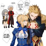  2boys 2girls ahoge anger_vein archer_(fate) archer_(honkai:_star_rail)_(fate) armor arms_at_sides artoria_pendragon_(fate) black_gloves black_jacket blonde_hair blue_bow body_markings bow braid braided_base breasts bun_with_braided_base cleavage clenched_teeth closed_mouth collared_shrug commentary corset cowboy_shot crossed_arms earrings english_commentary english_text eriimyon fate/stay_night fate_(series) full_body gilgamesh_(fate) gilgamesh_(honkai:_star_rail)_(fate) glaring gloves green_eyes grey_hair hair_bow hair_bun hair_slicked_back highres honkai:_star_rail honkai_(series) jacket jewelry leaning_forward light_frown long_sleeves looking_at_another medium_hair multi-source_commentary multiple_boys multiple_girls open_mouth pauldrons pectorals red_jacket saber_(fate) saber_(honkai:_star_rail)_(fate) short_hair shoulder_armor shrug_(clothing) sidelocks single_pauldron small_breasts smirk speech_bubble stelle_(honkai:_star_rail) tailcoat teeth trailblazer_(honkai:_star_rail) triangle_mouth upper_body v-shaped_eyebrows white_hair wide-eyed yellow_eyes 