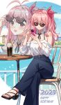  1girl 2023 :d absurdres antenna_hair bare_shoulders birthday black_bow black_bowtie black_sandals blue_pants blue_sky bow bowtie breasts casual cellphone chair chaos;head city cleavage closed_mouth cloud coffee commentary_request crossed_legs cup dated detached_collar disposable_coffee_cup disposable_cup drinking_straw english_text feet foot_out_of_frame gher5 hair_between_eyes hair_bow hair_intakes hair_ribbon happy_birthday highres holding holding_phone light_smile lipstick long_hair looking_at_viewer makeup medium_breasts off-shoulder_shirt off_shoulder open_mouth outdoors pants phone pink_hair red_bow red_eyes red_lips red_ribbon ribbon sakihata_rimi sandals science_adventure shirt shoulder_blush sitting sky smartphone smile solo sunglasses table toeless_legwear toenails toes water white_shirt 
