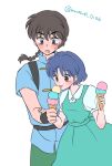  1boy 1girl :o aqua_dress black_hair blue_eyes blue_hair blush braid brown_eyes chinese_clothes commentary_request dress fuurinkan_high_school_uniform hanamutsuki hand_on_another's_wrist holding holding_ice_cream_cone ice_cream_cone licking_food open_mouth ranma_1/2 saotome_ranma saotome_ranma_(male) school_uniform short_hair single_braid tangzhuang tendou_akane tongue tongue_out white_background 