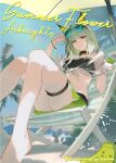  1girl adjusting_eyewear alternate_costume animal_ears arknights artist_name barefoot beach bikini bikini_top_only bilibili_username black_bikini black_choker blue-tinted_eyewear blue_sky bracelet cat_ears chair chinese_commentary choker commentary_request deck_chair drink english_text eyewear_on_head folding_chair foot_out_of_frame frown green_eyes green_hair green_shorts highres holding holding_drink jewelry kal'tsit_(arknights) knees_up looking_at_viewer outdoors palm_tree see-through_clothes shio_sakana short_hair shorts sky solo strapless strapless_bikini sunglasses swimsuit thigh_strap thighs tinted_eyewear tree watermark 