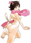  animal_ears arched_back ass barefoot breasts brown_eyes brown_hair copyright_request kazaana looking_back medium_breasts naked_scarf nude scarf short_hair simple_background solo tail 