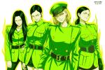  4girls absurdres aerozonia aespa artist_name belt black_belt black_hair black_pants black_shorts black_skirt dated giselle_(aespa) green_hat green_jacket green_theme hair_behind_ear hat highres jacket k-pop karina_(aespa) lemonade_(aespa) long_hair looking_at_viewer military_hat mole mole_under_mouth multiple_girls ningning_(aespa) pants parted_lips ponytail real_life short_hair shorts skirt smile smirk v-shaped_eyebrows white_background winter_(aespa) yellow_eyes 