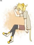 1boy animal_ear_fluff animal_ears black_thighhighs blonde_hair boots border brown_shorts cat_boy cat_ears cat_tail commentary_request double-parted_bangs fading_border from_side full_body g_hana green_eyes grey_jacket hair_between_eyes hood hooded_jacket invisible_chair jacket kagamine_len kemonomimi_mode korean_commentary male_focus orange_background ponytail short-sleeved_jacket short_hair short_ponytail short_sleeves shorts sidelocks signature sitting solo tail thighhighs vocaloid white_boots white_border zettai_ryouiki 