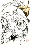  1girl :d character_name commentary_request cropped_shoulders dated flandre_scarlet frilled_shirt_collar frills greyscale hat long_hair looking_at_viewer mob_cap monochrome one_side_up open_mouth seal_impression signature simple_background smile solo touhou traditional_media tsubameyado white_background wrist_cuffs 