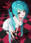  1girl absurdres aqua_eyes aqua_hair aqua_nails black_bow black_shoes black_skirt black_thighhighs blouse bow breasts checkered_floor collarbone commentary feather_hair_ornament feathers foreshortening hair_bow hair_ornament hatsune_miku hatsune_miku_(supreme) highres leaning_forward long_hair looking_at_viewer medium_breasts miniskirt nail_polish open_mouth perspective pleated_skirt s_redbutterfly shirt shoes skirt solo teeth thighhighs twintails upper_teeth_only very_long_hair vocaloid white_shirt world_is_mine_(vocaloid) 