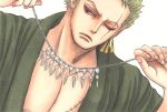  1boy commentary_request dahlia-tami dutch_angle earrings fingernails forehead frown furrowed_brow gold_earrings green_hair green_kimono hands_up hatching_(texture) holding holding_jewelry holding_necklace japanese_clothes jewelry kimono linear_hatching looking_to_the_side male_focus marker_(medium) mature_eyes multiple_earrings necklace one_eye_closed one_piece pectoral_cleavage pectorals portrait red_eyes roronoa_zoro scar scar_across_eye scar_on_chest scar_on_face short_hair sideburns sideways_glance silver_necklace simple_background solo traditional_media very_short_hair white_background 