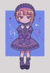  1girl absurdres asymmetrical_sidelocks black_dress black_hairband black_shoes blue_eyes brown_eyes brown_hair commentary_request dress frilled_hairband frills full_body gothic_lolita hair_ornament hairband highres iwakura_lain light_smile lolita_fashion long_sleeves looking_at_viewer multicolored_eyes own_hands_together qiming_li red_eyes serial_experiments_lain shoes sidelocks solo straight-on x_hair_ornament 