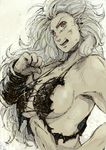  bavensky breasts dorohedoro earrings jewelry large_breasts long_hair noi_(dorohedoro) red_eyes sideboob solo torn_clothes white_hair 