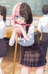  absurdres black_choker blue_eyes broom brown_hair choker classroom commentary_request gerbera152 glasses highres indoors miniskirt multicolored_hair pink_hair ribbon school_uniform shirt skirt solo_focus tachibana_hinano tachibana_hinano_(school_uniform) twintails two-tone_hair virtual_youtuber vspo! white_shirt 