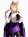  1girl :d ;d absurdres alternate_costume alternate_hairstyle black_pantyhose blonde_hair breasts clipboard coat coat_on_shoulders collared_shirt commentary contemporary gap_(touhou) grey_background hair_bun highres holding holding_clipboard looking_at_viewer medium_breasts neat_ad4816 office_lady one_eye_closed open_mouth pantyhose purple_coat purple_eyes purple_nails purple_skirt shirt simple_background skirt smile solo touhou white_shirt yakumo_yukari 