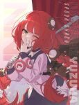  1girl 4ureliaminerva animal_on_back black_choker braid braided_twintails cardigan character_name chest_bow choker commentary covering_own_mouth green_eyes grin hair_ornament hearing_aid highres holding holding_umbrella kamanosuke_(zenless_zone_zero) long_hair looking_at_viewer one_eye_closed pink_cardigan raccoon red_hair red_umbrella smile sphere_hair_ornament tanuki ukinami_yuzuha umbrella untranslatable_commentary zenless_zone_zero 