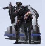  1girl absurdres ammunition_pouch assault_rifle baseball_cap battle_rifle blue_eyes cqcnorthfish fn_scar_17 gun h&amp;k_hk416 hat headphones highres mecha military military_combat_uniform military_uniform orange_hair original pouch rifle robot shield tactical_clothes weapon 