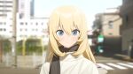  1girl absurdres black_scarf blonde_hair blue_eyes blurry blurry_background blush building chinese_commentary closed_mouth commentary_request crosswalk day elf hair_between_eyes highres long_hair looking_at_viewer original outdoors pointy_ears portrait scarf solo sunlight sweater turtleneck turtleneck_sweater white_sweater yioukei 