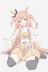  1girl animal_ears belt black_thighhighs blush bow brown_ribbon buckle cherry_necklace commentary dress ear_bow ear_ribbon food-themed_necklace hair_between_eyes heart heart-shaped_buckle highres horse_ears horse_girl horse_tail jewelry long_hair long_sleeves looking_at_viewer mayano_top_gun_(casual)_(umamusume) mayano_top_gun_(umamusume) necklace open_mouth orange_eyes orange_hair plaid_clothes plaid_dress reaching reaching_towards_viewer ribbon shirt simple_background sitting skirt smile solo tail thighhighs tofu_thunder two_side_up umamusume vest wariza white_belt white_shirt yellow_skirt yellow_vest 