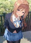  1girl absurdres arms_behind_back black_pantyhose blazer blue_eyes blue_jacket blue_ribbon blue_skirt blush breasts brown_hair commentary_request gakuen_idolmaster hatsuboshi_gakuen_school_uniform highres himesaki_rinami idolmaster jacket kurousagi_yuu long_sleeves looking_at_viewer medium_breasts neck_ribbon outdoors pantyhose pleated_skirt railing ribbon school_uniform shirt skirt smile solo sweater white_shirt yellow_sweater 