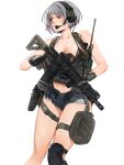  1girl ar-15 armpit_crease bare_arms bare_legs bare_shoulders bcm_mcmr bikini breasts bulletproof_vest camouflage camouflage_bikini cleavage denim denim_shorts gloves grey_hair gun handgun highres holding holding_gun holding_weapon knee_pads large_breasts looking_to_the_side machine_gun maxturbo69 original panties pouch purple_eyes revealing_clothes rifle short_hair short_shorts shorts single_knee_pad swimsuit thigh_pouch thighs thong thong_bikini thong_panties toned toned_female underwear watch weapon wristwatch 