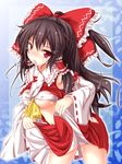  ascot between_breasts blush bow breasts brown_hair clothes_between_breasts detached_sleeves furaido hair_bow hakurei_reimu highres long_hair mouth_hold no_panties panties panties_in_mouth ponytail red_eyes sarashi shirt_lift skirt skirt_lift small_breasts solo touhou underwear 