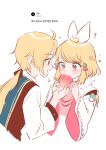  1boy 1girl ahoge blonde_hair blue_eyes blush bow collared_shirt commentary_request cropped_torso double-parted_bangs eating feeding food g_hana hair_between_eyes hair_bow highres holding holding_food kagamine_len kagamine_rin long_hair low_ponytail medium_hair open_mouth parted_bangs ponytail request_inset shirt sidelocks simple_background upper_body vocaloid white_background white_shirt wide_sleeves 