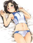  aasara antenna_hair armpits arms_up bare_shoulders bed black_eyes black_hair blush groin idolmaster idolmaster_(classic) idolmaster_2 kikuchi_makoto looking_at_viewer lying midriff navel on_back short_hair solo sports_bikini sportswear 