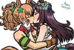  2girls aggytachyon animal_ears aqua_bow aqua_skirt armband bandana bandeau bare_shoulders blush bow bowtie breasts brown_gloves brown_hair cleavage closed_eyes ear_bow frilled_shirt frills gloves green_armband green_bandeau green_bow green_bowtie hair_ornament hand_on_another's_cheek hand_on_another's_face horse_ears horse_girl horse_tail hug kiss large_breasts long_hair mejiro_dober_(off_the_line)_(umamusume) mejiro_dober_(umamusume) multiple_girls ponytail red_bandana shirt skirt sleeveless sleeveless_shirt star_(symbol) star_hair_ornament sweatdrop taiki_shuttle_(umamusume) taiki_shuttle_(wild_frontier)_(umamusume) tail umamusume white_gloves white_shirt yuri 