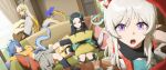  4girls :o absurdres alternate_costume arknights bare_shoulders black_hair black_leg_warmers black_shirt black_socks black_sports_bra blonde_hair blue_hair blurry casual cellphone closed_eyes closed_mouth colored_extremities commentary couch cup day disposable_cup dragon_girl dragon_horns dragon_tail drink drinking_straw dusk_(arknights) earrings grey_eyes grey_hair grey_shirt grey_skirt hand_on_own_stomach handheld_game_console highres holding holding_handheld_game_console horns indoors jewelry kneehighs leaning_forward leg_warmers ling_(arknights) long_hair looking_at_viewer lying multicolored_hair multiple_girls nian_(arknights) nintendo_switch on_back on_couch open_mouth orange_eyes phone pillow plaid_clothes plaid_skirt playing_games pointy_ears profile purple_eyes shirt shu_(arknights) siblings sisters sitting skirt smartphone smile socks sports_bra striped_clothes striped_socks t-shirt tail teeth tissue_box upper_teeth_only white_socks yellow_shirt yioukei 