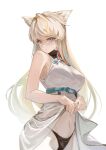  1girl animal_ears arknights arknights:_endfield bare_shoulders bird_ears bird_girl black_panties blonde_hair blue_eyes blush breasts clothes_lift commentary_request cowboy_shot dress dress_lift highres lace lace_panties lifting_own_clothes long_hair looking_at_viewer navel panties perlica_(arknights) see-through_clothes see-through_dress simple_background sleeveless sleeveless_dress solo standing thighs underwear white_background white_dress zawzawa 