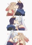  3girls absurdres animal_ears bare_shoulders blush brown_hair cho_kaguya-hime! closed_eyes commentary crescent crescent_hair_ornament fafayu grey_background grey_hair hair_ornament hair_rings hair_stick heart highres holding_hands hood hooded_jacket interlocked_fingers jacket japanese_clothes kaguya_(cho_kaguya-hime!) kimono kiss long_hair multicolored_hair multiple_girls pink_hair polyamory purple_kimono red_kimono runami_yachiyo sakayori_iroha simple_background translated two-tone_hair upper_body yuri 