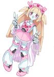  1girl :d blonde_hair commentary_request double_v full_body hair_ornament hat heart heart_print highres humanoid_robot joints leaning_to_the_side long_hair looking_at_viewer metal_skin mosuroshyu natori_sana natori_sana_(nurse) nurse_cap open_mouth pink_hat rabbit_hair_ornament red_eyes robot robot_girl robot_joints sana_channel simple_background smile solo standing straight-on tachi-e two_side_up v virtual_youtuber white_background 