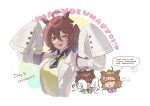  2girls :d :o agnes_tachyon_(tach-nology)_(umamusume) agnes_tachyon_(umamusume) ahoge animal_ear_piercing animal_ears blue_necktie blue_shirt blush braid brown_hair chemical_structure chibi coat commentary cropped_torso crossed_arms earrings english_commentary floppy_sleeves hair_between_eyes half_up_half_down_braid hands_up highres horse_ears horse_girl jewelry jungle_pocket_(umamusume) lab_coat long_sleeves medium_hair motion_lines multicolored_hair multiple_earrings multiple_girls murabt075 necktie notched_ear one_eye_closed open_mouth purple_serafuku rainbow_aura red_eyes romaji_text school_uniform serafuku shirt short_necktie single_earring smile sparkle sparkling_aura speech_bubble streaked_hair sweater sweater_vest teardrop_earrings teeth tongue tracen_school_uniform umamusume umapyoi_densetsu upper_teeth_only v-shaped_eyebrows white_coat white_streaks wolf_cut yellow_eyes yellow_sweater yellow_sweater_vest 