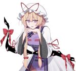  1girl absurdres blonde_hair bow breasts commentary_request dress gap_(touhou) hair_bow hat hat_ribbon highres long_hair long_sleeves looking_at_viewer mob_cap noctal_mxix open_mouth purple_eyes purple_tabard red_ribbon ribbon simple_background smile solo tabard touhou white_background white_dress white_hat wide_sleeves yakumo_yukari 