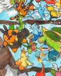  :< braixen brionne bud charmeleon claws closed_eyes colored_sclera combusken commentary cropped crossed_arms dartrix dewott english_commentary fangs fire flame-tipped_tail grotle grovyle highres hisuian_avalugg holding holding_stick ivysaur leaf lying marshtomp mofinngram nostrils on_back open_mouth orange_eyes painting_(medium) pignite pokemon pokemon_(creature) pokemon_focus quilava sitting sleeping standing stick tail torracat traditional_media wartortle watercolor_(medium) yellow_sclera 